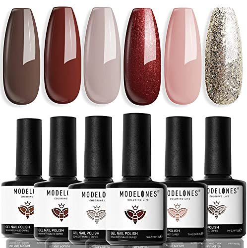 modelones Holiday Gel Nail Polish Set, 6 Colors Brown Dark Red Gel Polish Kit Glitter Champagne Gold Nude Pink Grey Nail Polish Gel, Soak OFF LED Manicure Nail Art DIY Home Salon Gift for Women