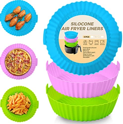3 Piezas Molde Silicona Freidora de Aire 20-24CM Olla Silicona Freidora Aire en Lugar de Papel Airfryer Accesorios Freidora Sin Aceite Utensilios Air Fryer Compatible Cecotec, COSORI, Princess, Ninja