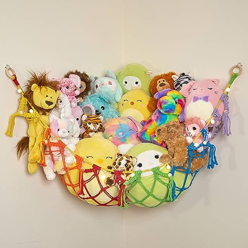 Lilly's Love Macrame Teddy Hammock w/Lights | Toy Hammock for Stuffed Animals | Soft Toy Storage | Cute Room, Bedroom & Home Decor | Large (Rainbow)