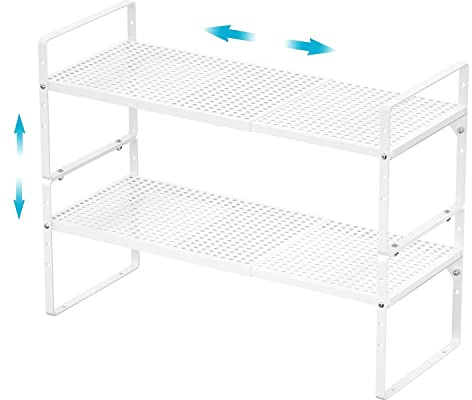 iPEGTOP Expandable Cabinet Storage Shelf Organizer Rack, Heavy Duty Steel Metal Spice Rack Adjustable Height Home Office Pantry Shelf Space for Counter Kitchen Organization, White, 2 Pack