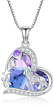 Wolf Kette Sterling Silber Liebesherz Wolf Kristall Halskette Wolf Anhänger Geschenke Weihnachts für Damen Teenager Mädchen（ Kette 18 Zoll + 2 Zoll ） (Lila)