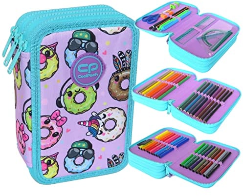 CoolPack XXL Pencil Case 3-Compartment School Pencil Case, Triple Pencil Case for Girls, Boys, Happy Doughnuts, Pencil Case 44-Piece Filled Student Case 3-Tier, purple, Pencil case