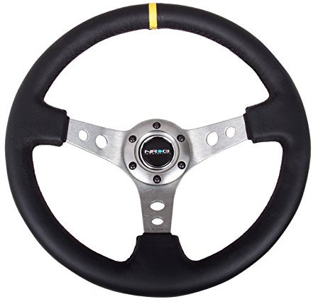 NRG Innovations NRG-RST-006GM-Y verstärktes Lenkrad, 350 mm, Sportlenkrad (7,6 cm tief), Metallspeichen mit runden Löchern, schwarzes Leder, gelbe Mittelmarkierung, tiefe Schale, 6-Bolzen