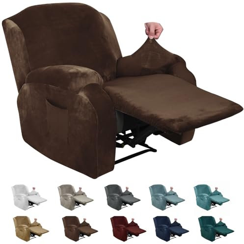 XINEAGE 4 Pieces Velvet Recliner Slipcover Stretch Recliner Chair Cover with Side Pocket Anti-Slip Fitted Recliner Cover Couch Furniture Protector with Elastic Bottom (Recliner, Dark Coffee)