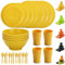 Evanda Plastic Dinnerware Set 28 Piece, Reusable Light Weight Mugs, Bowls, Dishes, Knives, Forks, Spoons for Camping Picnics and Everyday Use, Dishwasher Safe (Gold Yellow)