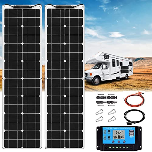 USEBEM Kit De Panneau Solaire 400W,Panneaux Solaires Souple,Chargeur De Batterie Solaire Monocristallin avec ContrôLeur 40A,2Pcs 200W Solaires Monocristallins Flexibles,pour Camping-Car Domestique