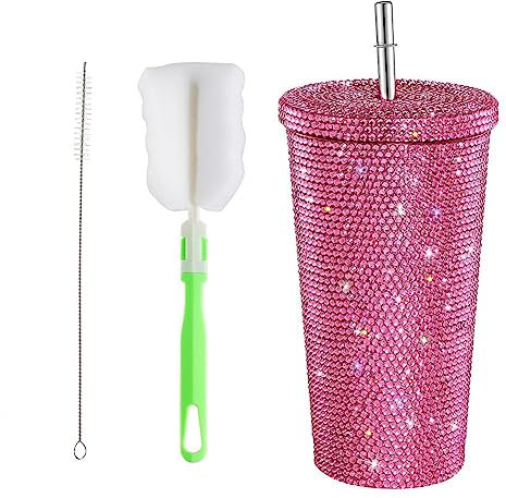 Nietenbesetzter Bling Tumbler mit Deckel und Strohhalm, Bling Glitter Wasserflasche Bling Cup, Strass Tumbler Cups mit Tassenbürste und Strohbürsten, Kaffeebecher Geschenk für Frauen Mädchen
