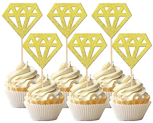 SYKYCTCY 36 PCS Diamond Cupcake Toppers Glitter Diamond Cupcake Picks Bridal Shower Cake Decorations for Wedding Engagement Anniversary Birthday Party Supplies Gold