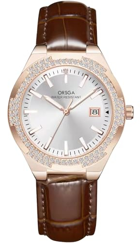 CIVO Orologio Donna Elegante Diamanti Analogico Orologio da Polso Impermeabile Calendario Cinturino Cuoio Marrone Orologio da Donna Luminoso Minimalista Oro Rosa Quarzo Orologio Vintage, Regalo Donna