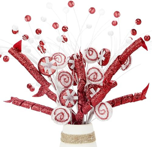3 Pcs Christmas Curly Candy Picks, Berry Stems Ball Twigs Decorations Spiral Swirl Pick Lollipop Sprays Red White Candy Cane Ornaments for Christmas Tree Topper Filler Branches Holiday Decor (3)