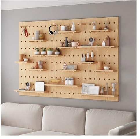 HJZALMI Pegboard Tool Organizer, Wooden Peg Board, Diy Storage And Display Panels, Decorative Wall Hook Rack, Pegboard Combo Kit,for Kitchen, Study Room, Garage(Brown,A)