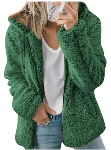 Generisch Only Winterjacke Damen, Mode Einfarbige Jacke Langarm Revers Reißverschluss Kapuzen Plüsch Warme Mantel Damen Lang Flauschige Regenjacken Für Mollig Übergangsjacke (L, Grün)