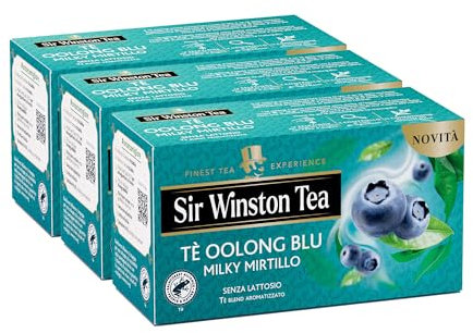 Sir Winston Tea, Tè Oolong Blu Milky Mirtillo - Blend di Tè Oolong e Tè verde aromatizzato al Mirtillo e Panna, 60 Filtri (3 Confezioni da 20 Filtri), Certificato RFA, Senza Lattosio, Glutine, Vegan