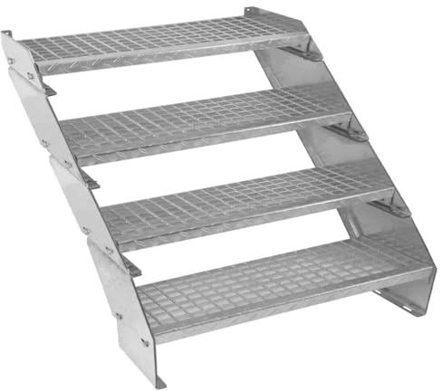 Verzinkter Stahl Treppe 4 Stufen | Erweiterbar mit zusätzlicher Gitterrost-Stufen & Höhenverstellbar | Wetterfest, Robust & Modular | für Außen Garten Terrasse | GRATIS Befestigungssatz [90cm breit]