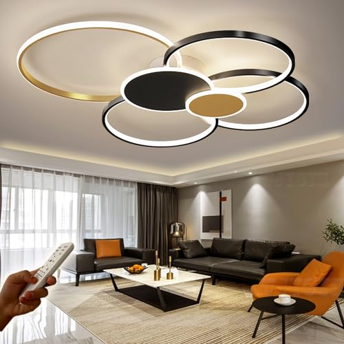 Dimmbare Große Wohnzimmer lampe LED Ring Schwarz & Gold Deckenleuchte L100cm Moderne Schlafzimmerleuchten mit Fernbedienungen Deckenbeleuchtung Metall Acryl Deckenlampe Büro Speisesaal 6Flammen 98W