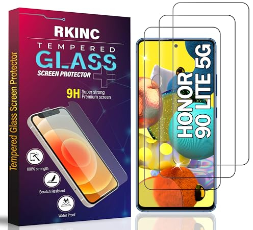 RKINC Protector pantalla [3 Piezas] para Honor 90 Lite 5G, Cristal templado película de vidrio, 9H 0.33 mm [Anti-rasguño][Anti-rotura][Sin burbujas][Garantía de por vida]