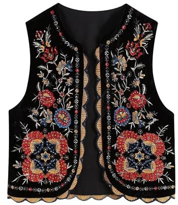 SANSIWU Damen Vintage-Stickerei Blumenweste, ärmellos, Pailletten, Oberbekleidung, Cardigan, Weste, Leinen, Streetwear, C-schwarz, S