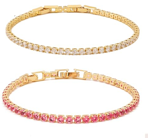 Zoomers Tennis Armband Damen Gold Set. Tennisarmband Gold mit Zirkonia 18K Vergoldet. Tennis Bracelet Verstellbarer Länge 17-19CM. 2PC Armband Set. Schmuck Gold.Rosa