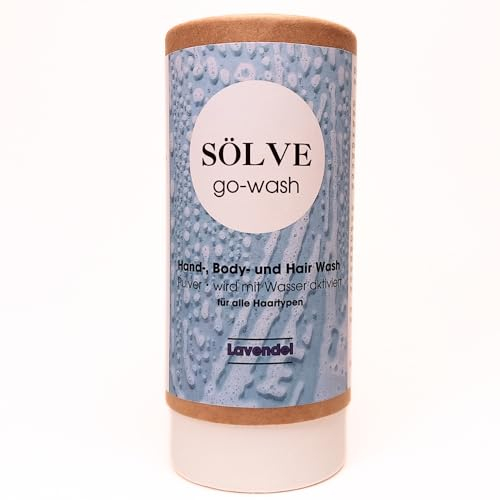 Sölve go-wash Hand-, Body- und Hair Wash, Shampoo und Duschgel Pulver, sofort zu Schaum, plastikfreie Verpackung, direkt anwenden, Duft Lavendel