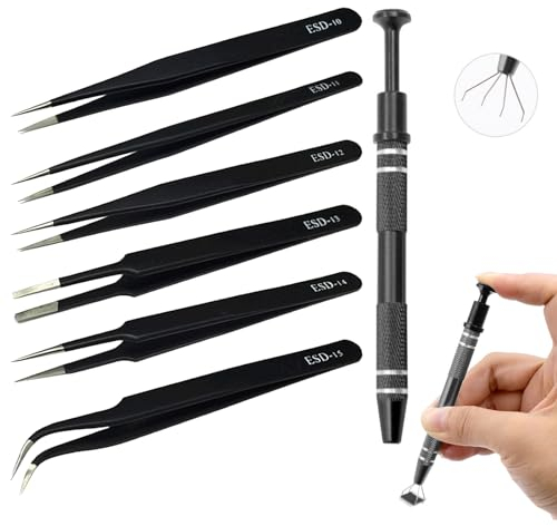7 Piezas Pinzas de Precisión Set, Acero Inoxidable Pinzas con Pinza para Joyeria, ESD Anti-Estáticas Precision Tweezers para Electrónica, Trabajo de Laboratorio, Artesanía, Joyería (Negro)