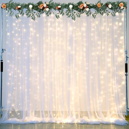 Weißer Tüll-Hintergrundvorhang mit Lichterkette, für Partys, Hochzeit, Brautparty, transparenter weißer Vorhang, Hintergrund für Geburtstag, Babyparty, Fotoautomaten, Fotografie,