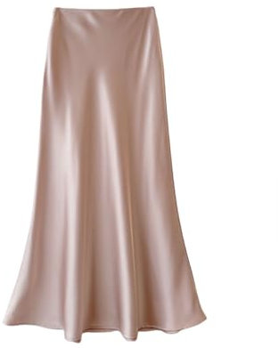 Gonna da donna in raso, vita alta, elastico nascosto, linea A, gonna lunga business, Rosa nudo, M