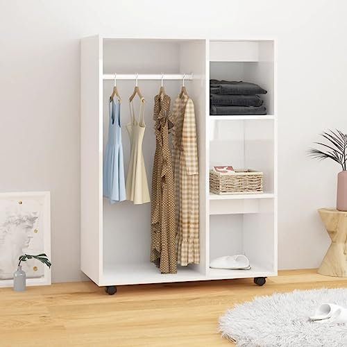 PIXZSSI Kleiderschrank Schlafzimmer Holzwerkstoff mit Rollen Mehrzweckschrank Moderner Stil Funktionale Schrank mit EIN Großes Offenes Fach und 3 Seitliche Ablagen Hochglanz-Weiß 80x40x110 cm