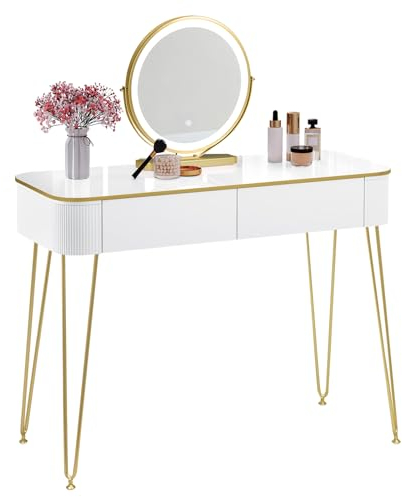 EUGAD Schminktisch mit LED-Beleuchtung, einstellbare Helligkeit, Frisiertisch mit Spiegel, 3 Farben, Kosmetiktisch mit 2 Holzschubladen, mit Metallbeinen, 100x40cm, Modern, Weiß Gold, 0057SZT