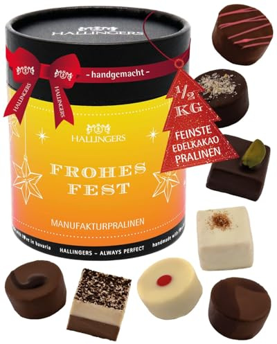 Hallingers Genuss Manufaktur Pralinen Weihnachts-Geschenk - ohne Alkohol, handmade aus Confiserie-Edelkakao in wertiger XXL-Geschenkdose Frohes Fest, Weihnachten für Frauen Männer