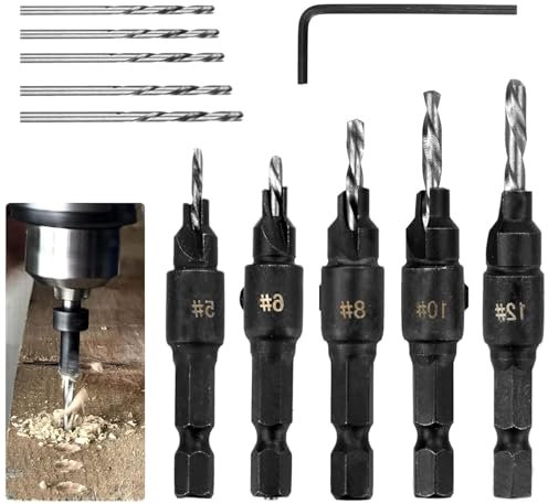Set di punte per svasatori, set di punte per svasatori per la lavorazione del legno, punta elicoidale HSS con chiave, profondità rimovibile e regolabile, per viti n. 5, 6, 8, 10, 12, 5 pezzi