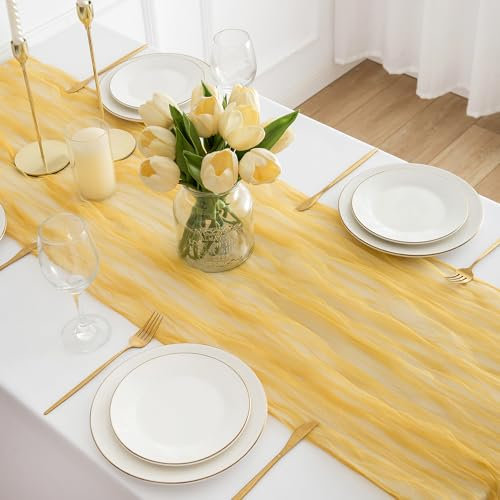 DROMCOM 4 Stück Gelb Organza Tischläufer, 80 x 300 cm Boho Tüll Seihtuch Tischläufer Rustikaler Gaze Stoff Cheesecloth Tischläufer Hochzeit Tischdecke für Hochzeitsfeier Brautparty Tischdeko