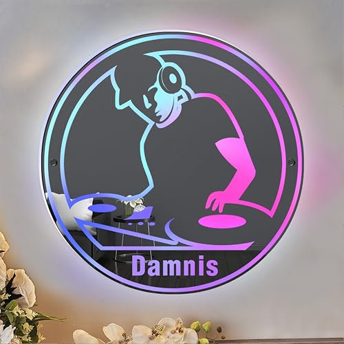 Personalized DJ Player Mirror Neon Sign for Wall Decor, Custom DJ Name Light Up Mirror Night Light, Cool Sound Stereo System Name Sign for Bar, Bedroom, Party, Club Birthday Gifts (Style 8)