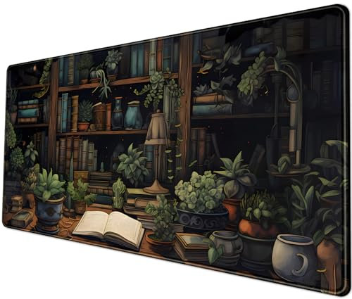 Schreibtischunterlage, Mauspad, Motiv: Bonsai-Bibliothek, Vintage, große, ästhetisches Schreibtischunterlage, Blumen, erweitertes Mauspad, großes Gaming-Mauspad, XXL, Tastatur-Mauspad,