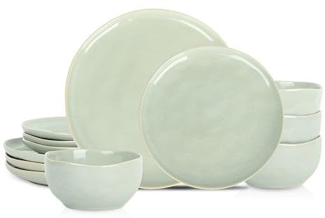 Stone Lain Mirella 12-Piece Stoneware Dinnerware Set, Service for 4 – Reactive Glaze, Light Green – Includes Dinner Plates, Salad Plates, and Bowls – Organic Modern Design