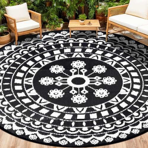 Capslpad Rund Außenterrasse Teppich ∅240cm Wende Picknickmatte Wasserdichter Kunststoff-Strohteppich Boho Innen Außenbereich Teppich für Wohnmobil Hinterhof Balkon Picknick Strand,Schwarz