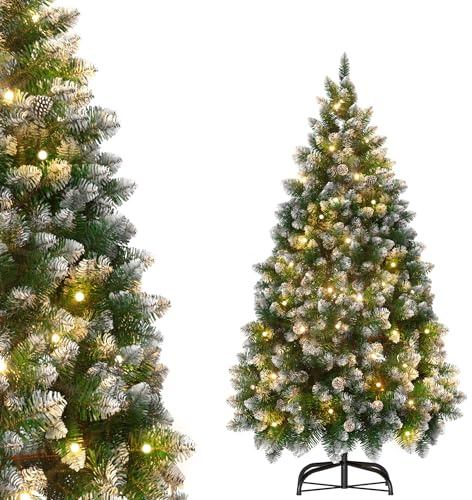 LZQ Künstlicher Weihnachtsbaum 210 cm, PVC-Tanne mit LEDs und Schneespitzen | Christbaum mit Schnee-Look, 350 warmweiße LEDs, 8 Lichtmodi, 36 Zapfen – Weihnachtsdeko für Wohnraum, Büro und Schaufenster