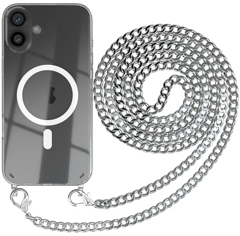 EAZY CASE - Handykette kompatibel mit iPhone 16 Plus Kette zum Umhängen Stoßfest Handyhülle für Apple iPhone 16 Plus Silikon Hülle mit Band Handytasche Transparent als Fallschutz in Metall - Silber
