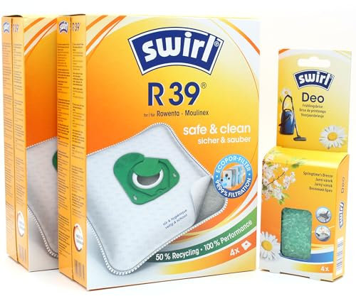 8 Sacchetti per aspirapolvere + Perline deodoranti Compatibile con Rowenta RO 3125EA Power XXL | Compatibile con Swirl R39 - R 39 | 8 Borse, Deodorante per Ambienti, Accessori