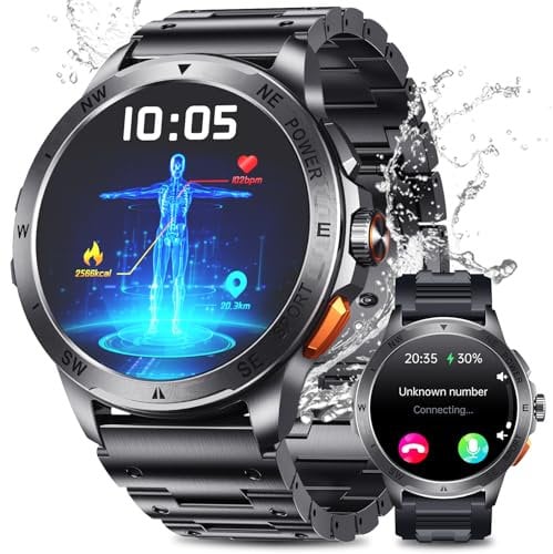 Smartwatch Uomo con ET/HRV/SIRI, 1,43 AMOLED con Chiamate Bluetooth Militare Orologio Intelligente Fitness/24H Cardiofrequenzimetro SPO2/100+ Modalità Sport/IP68Impermeabile /Sonno/per iOS Android