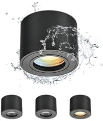 Gleonlux LED Aufbauspot Deckenspot IP44 Schwarz Dimmbar, Aufputz Spots flach Ø80x60mm, Aufbaustrahler 5W CCT LED Modul 230V 3000K/4000K/6500K, Deckenstrahler Rund, Spots Deckenleuchte Aluminium 4er