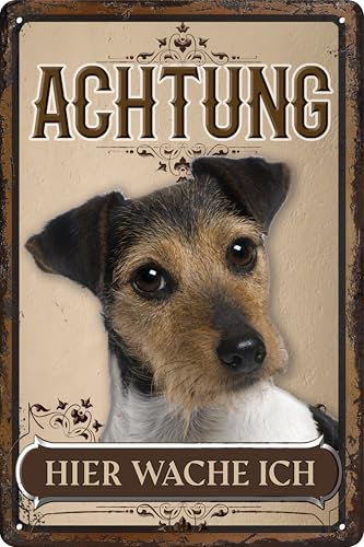 30 x 20 cm wetterfestes Blechschild, Warnhinweis, Torschild, Achtung, hier Wache ich! Warnung vor dem Hund (Jack Russell Terrier 1)