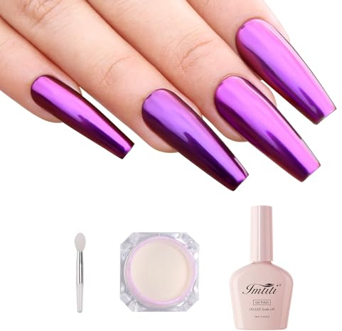 Imtiti Black Gel Nagellack mit Chrome Nagelpulver Kit, 10ML Schwarz Gel Lack & 1g Lila Aurora Metallischer Spiegel-Effekt Schimmer Nagelpulver für UV Nageldesign DIY-Kit