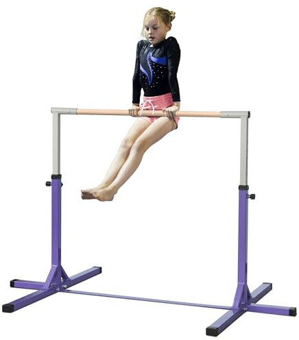 HOMCOM Barra de Gimnasia para Niños de +3 Años Barra de Entrenamiento con Altura Ajustable 92-150 cm Barra Horizontal de Gimnasia Carga 75 kg 194x121x150 cm Violeta