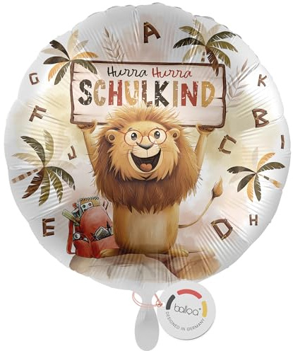 balloa Folienballon Schulkind, runder Helium Ballon zur Einschulung mit Löwenmotiv und ABC-Elementen, Geschenkidee für Jungen, Einschulungsdeko zum Schulanfang, befüllbar mit Luft oder Helium, 33cm