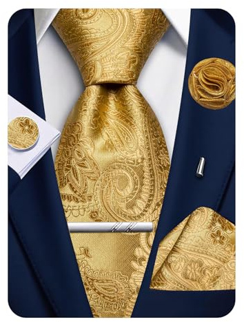Ailisus Krawatten für Herren, Paisleymuster, Krawatte und Einstecktuch, Manschettenknöpfe, Anstecknadel, Krawattenklammer, Set, Hochzeit, formell, 5 Stück, goldfarben, Einheitsgröße