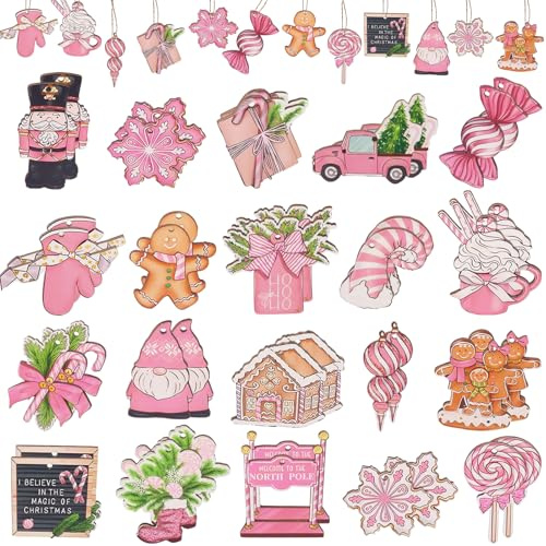 Weihnachtsanhänger, Weihnachten Anhänger Rosa, Holz Weihnachtsbaumschmuck Anhänger, Weihnachts Hängeornamente, Rosa Weihnachtsanhänger für Weihnachtsbaum, Geschenkanhänger Holz Partyzubehör (A)