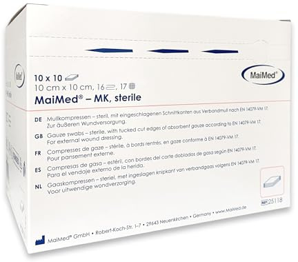 Sterile Kompressen 10x10 cm – 100 Stück Mullkompressen 16-lagig, fusselfrei – Mulltupfer steril & Wundauflagen nicht haftend für Verband & Pflege