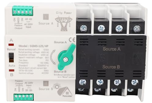 ViaGasaFamido Interruptor de Transferencia Automática de Doble Potencia, Capacidad de 125 A, Conmutación Rápida y Contactor Plateado para Suministro de Energía Ininterrumpida en Fábricas y Centros