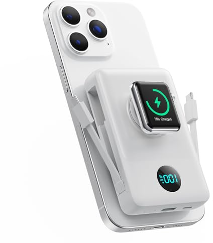 Magnetische Power Bank mit Ladekabel für MagSafe, 10800mAh Wireless PowerBank mit i-Watch Ladegerät, QC4.0+PD 25W Schnelles Laden mit LED Display Externer Akkus für Apple Watch/iPhone 17/16/15/14/13