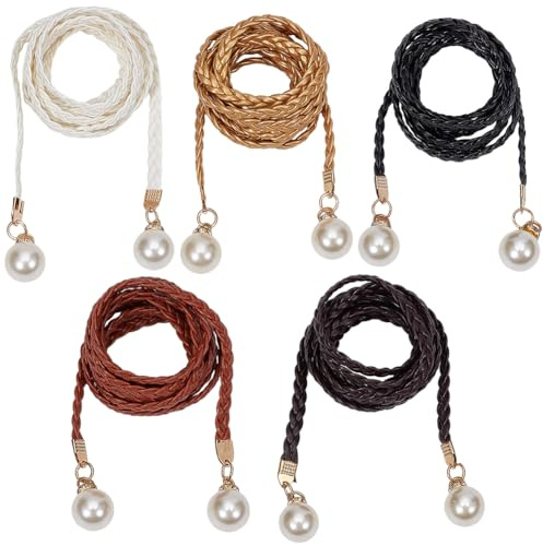 CABODYALS Ceinture en Cuir Tressé Bicolore (5 pièce) avec Cordon à Nouer Autour de la Taille Ornée de Perles Rondes et d'une Fine Chaînette Tressée. Ceinture Fine en PU Idéale pour Les Robes et Jeans